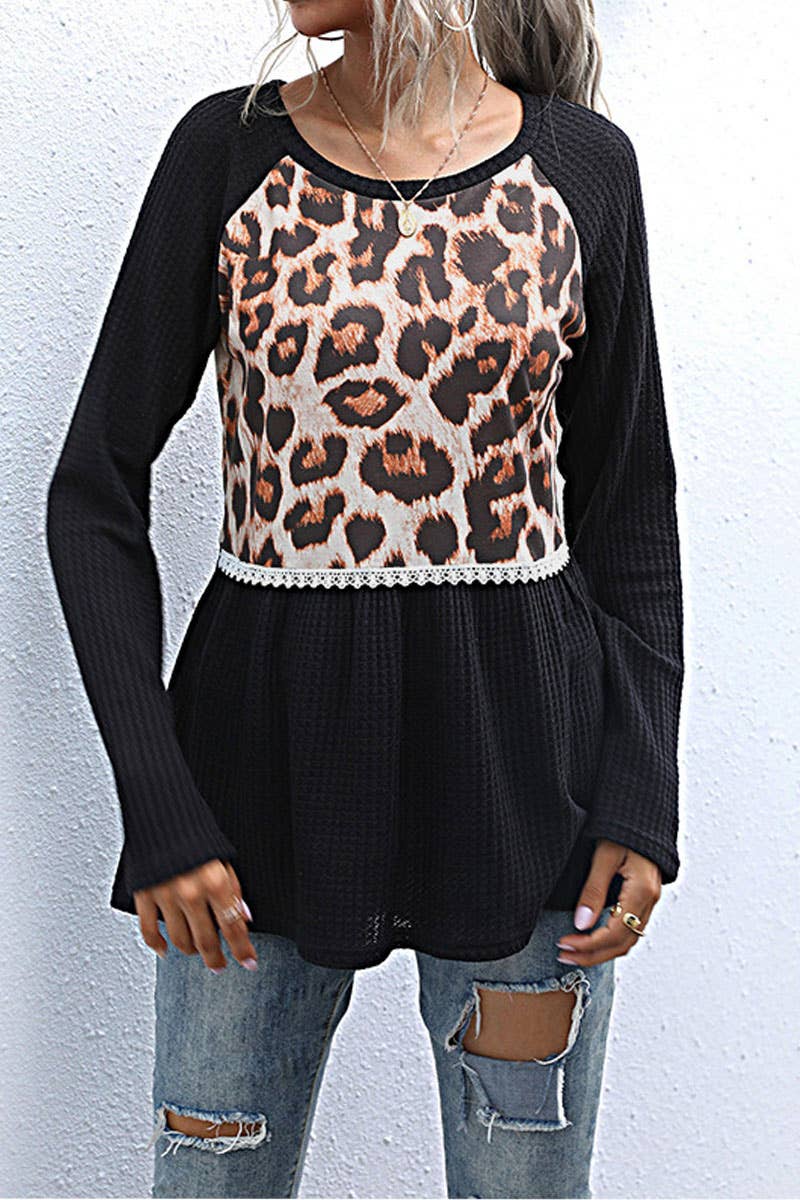 Casual leopard print patchwork T-shirt