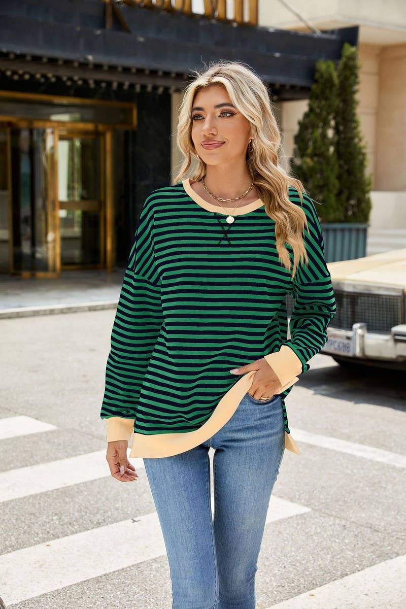 CWTBLL3746_CONTRAST COLOR SLIT LOOSE STRIPED SWEATSHIRT