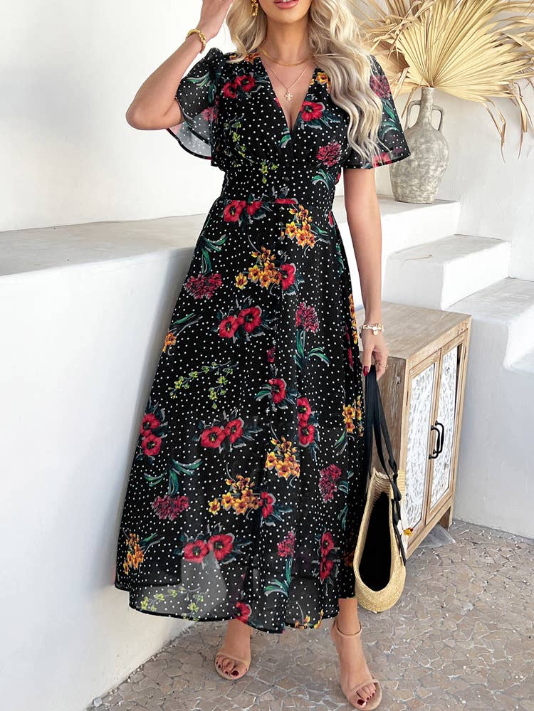 Boho Deep V Neck Chiffon Floral Mini Dress