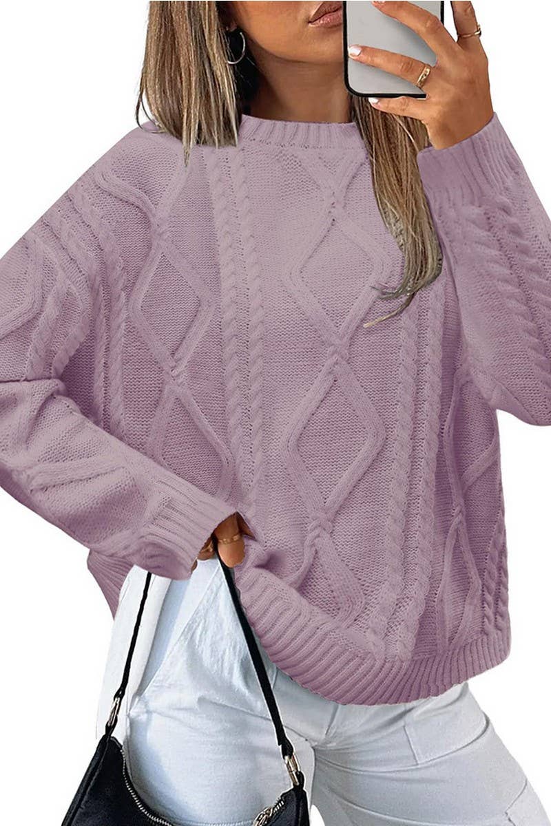 CWOSWL07714_VINTAGE CABLE KNIT SWEATER WOMEN WINTER CREWNEC