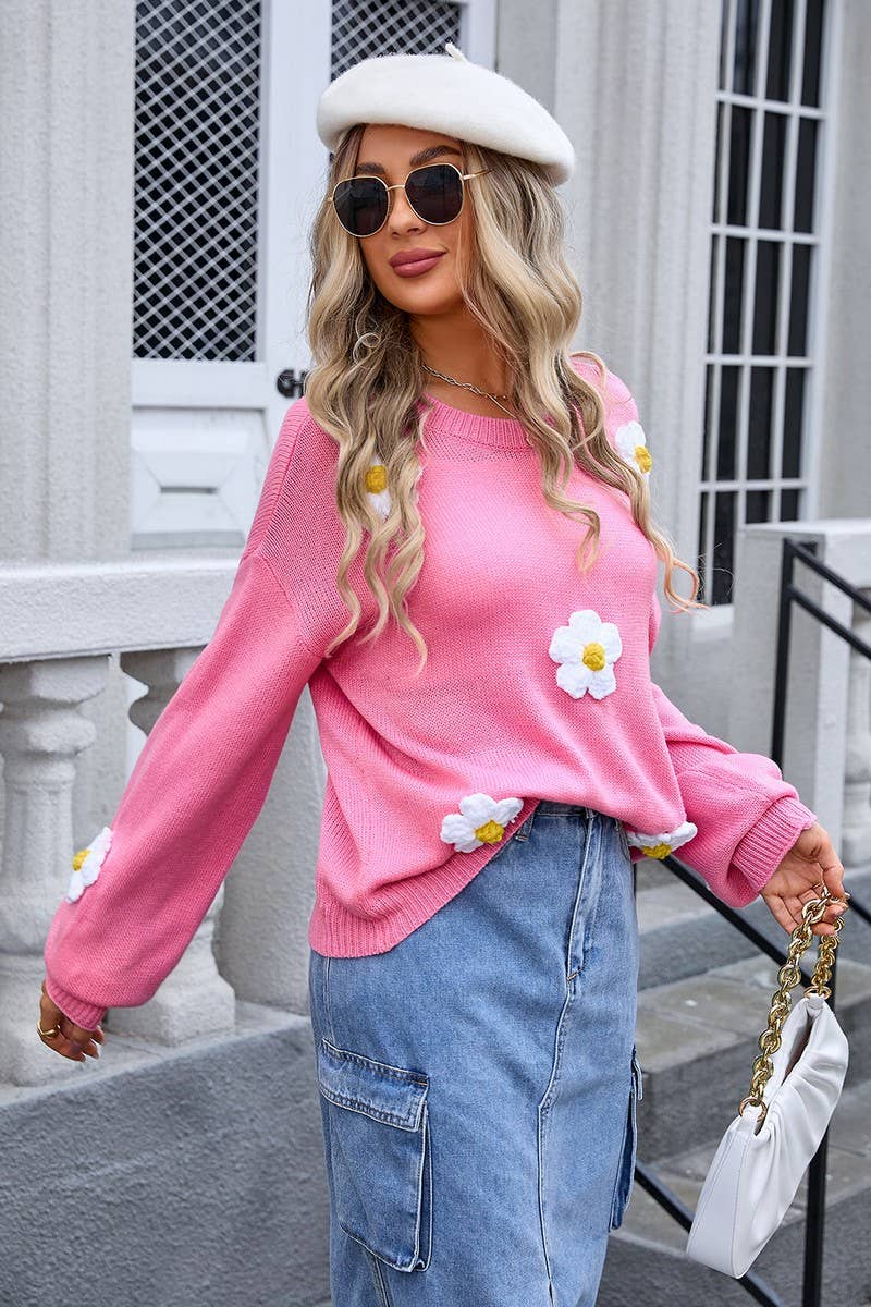 CWOSWL3109_CREW NECK PULLOVER FLORAL KNIT SWEATER