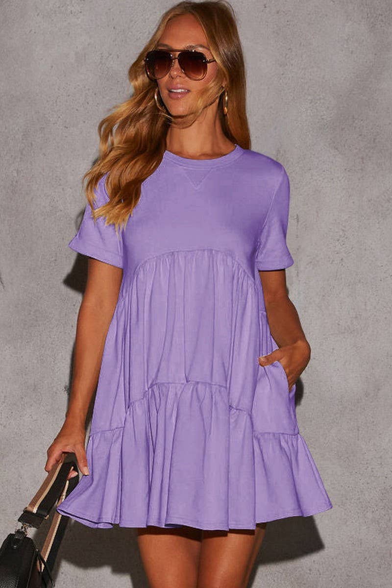 CWDSD7774_CASUAL POCKETED SHORT SLEEVE RUFFLED DRESS