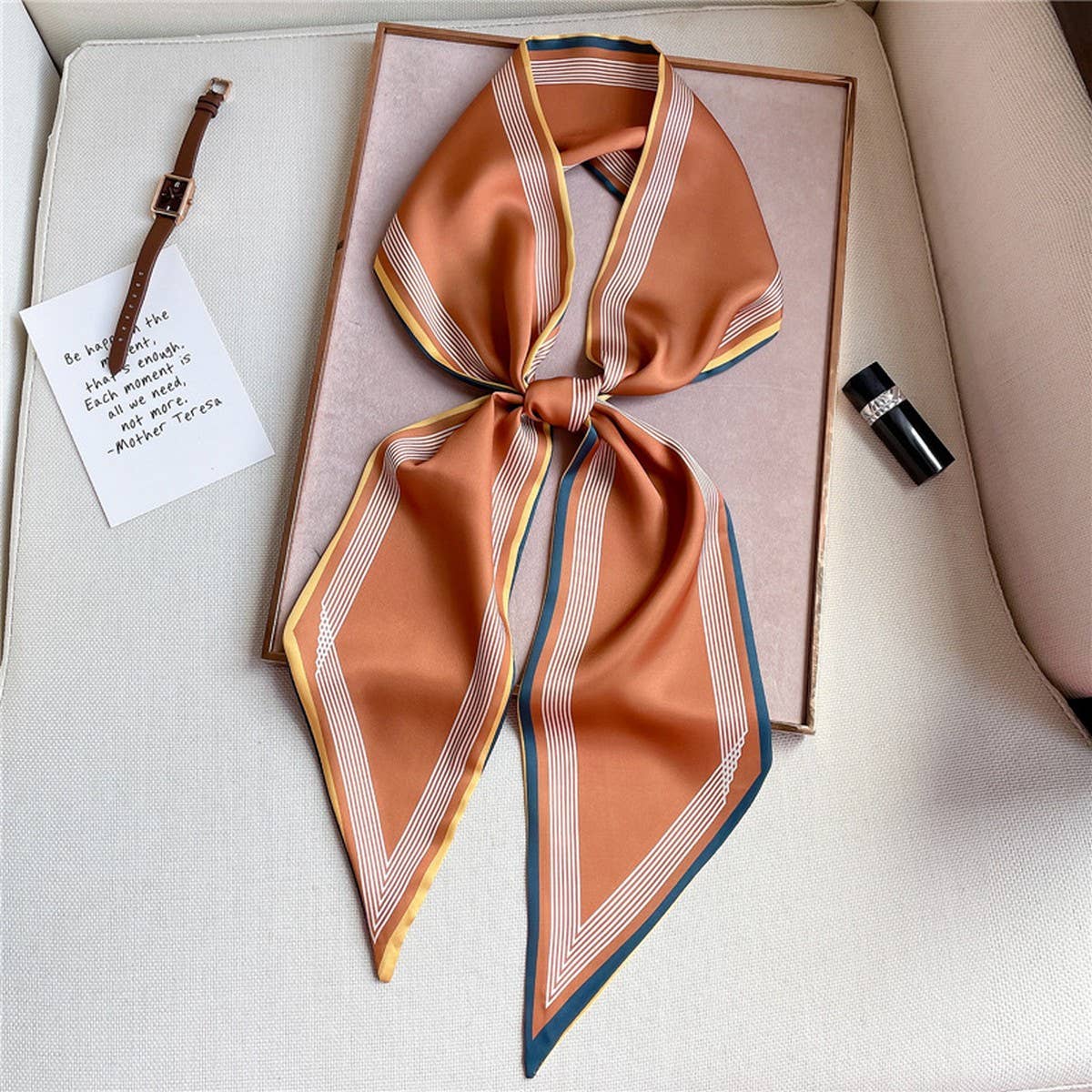 THIN SIMPLE GEOMETRIC LONG SILK HEAD SCARF