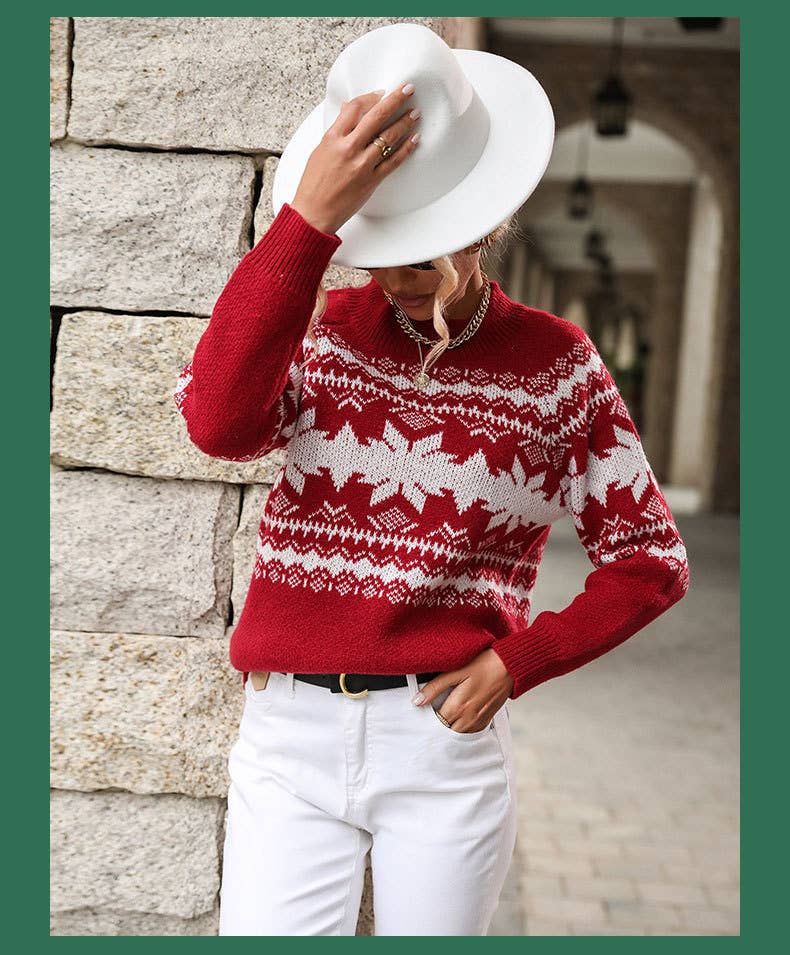 Crew-neck red knit Christmas snowflake sweater