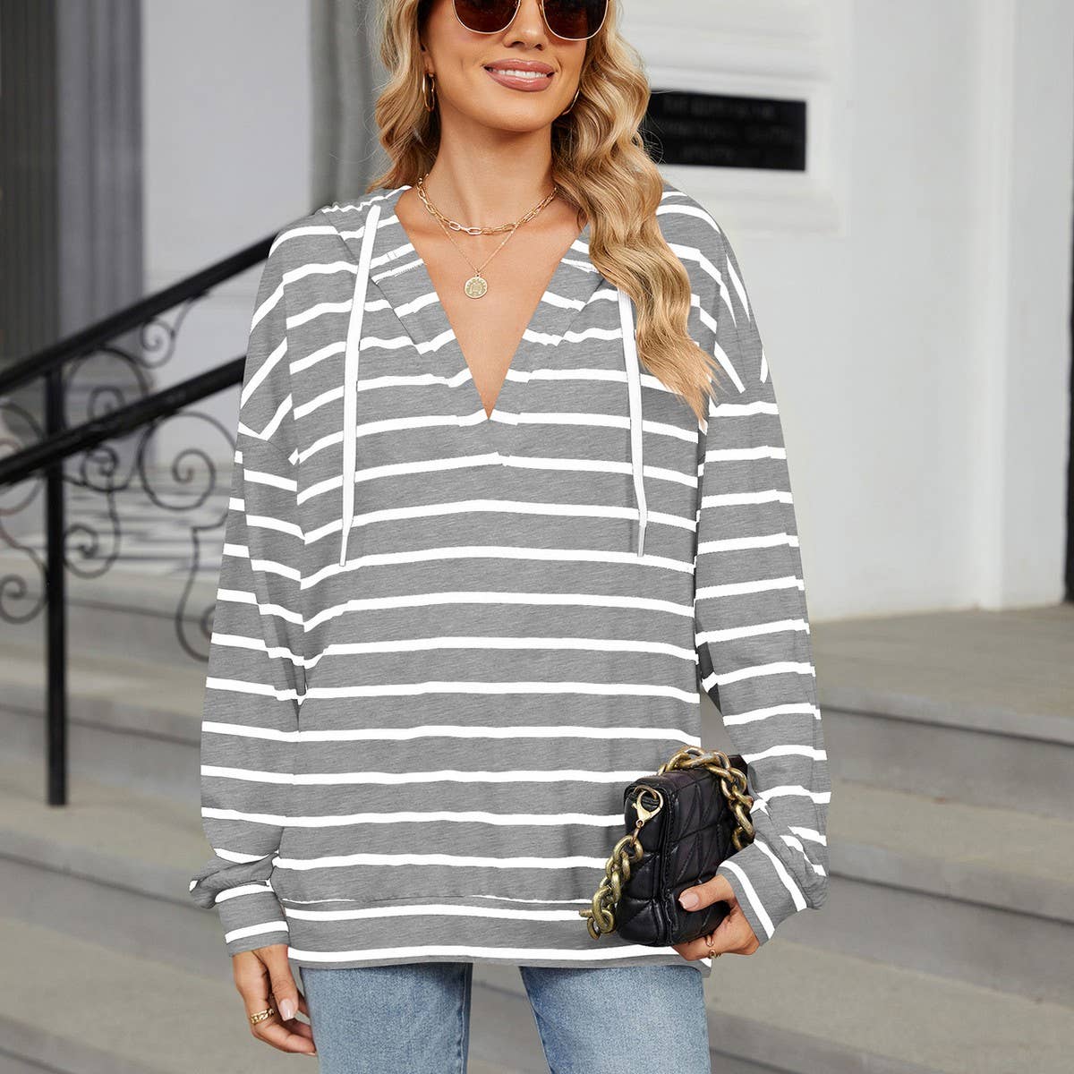 Drawstring hooded striped long-sleeved hoodie