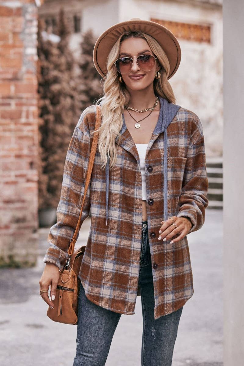 CWTSTL2181_FLANNEL PLAID HOODED LONG-SLEEVED SHIRT JACKET
