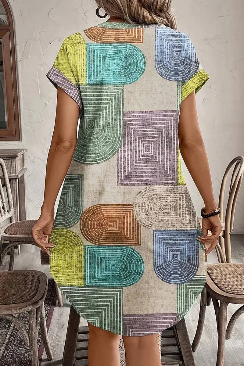 CWDSD8107_SUMMER PRINT ELEGANT V NECK BUTTON DRESS