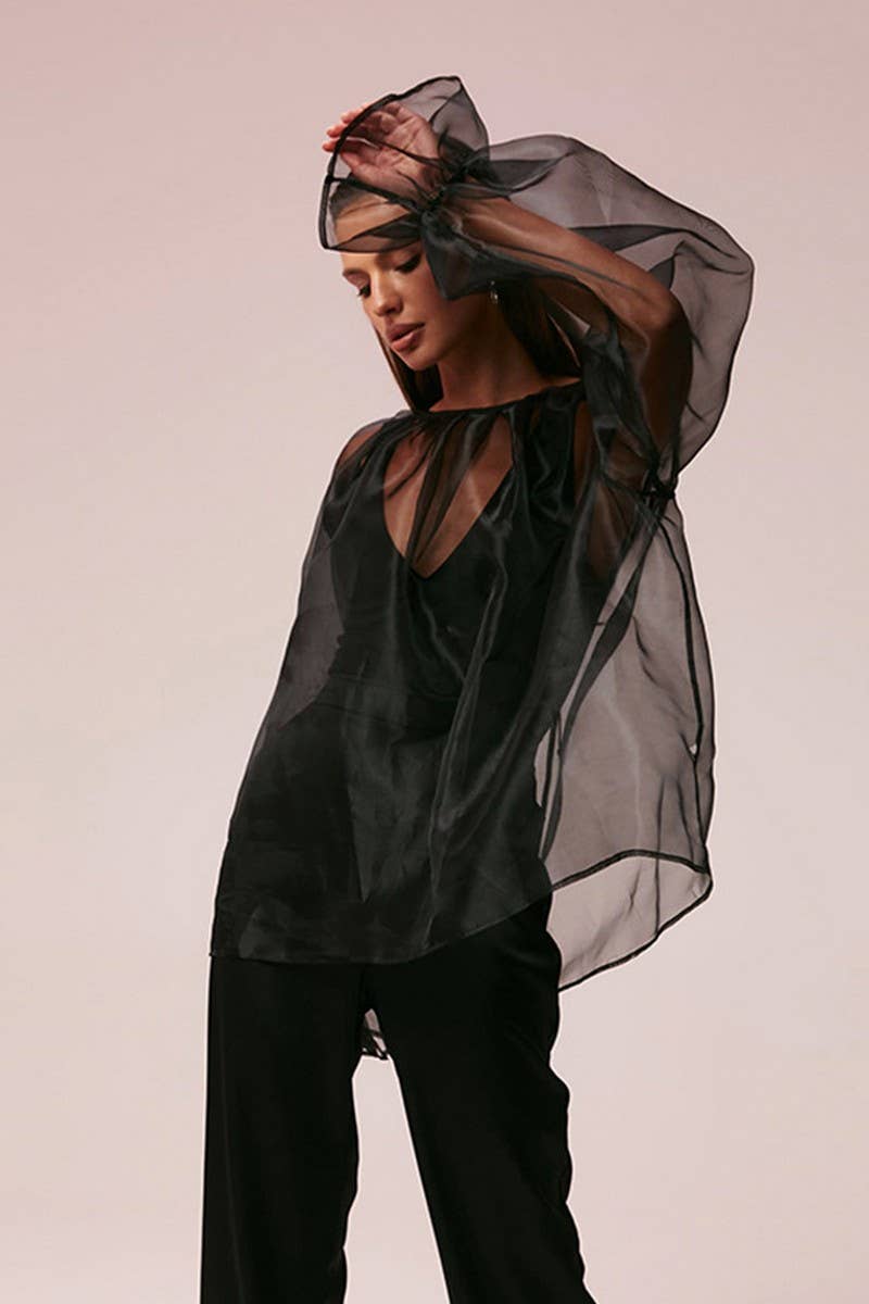 CWTBLL541_BLACK MESH SEE-THROUGH LONG-SLEEVED SHIRT BLOUSE