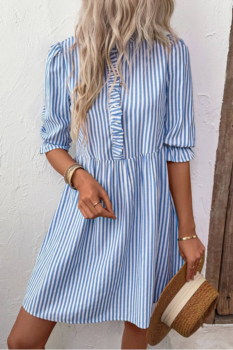 CWDSD7817_RUFFLE TRIM STRIPED LOOSE FIT SHIRT DRESS