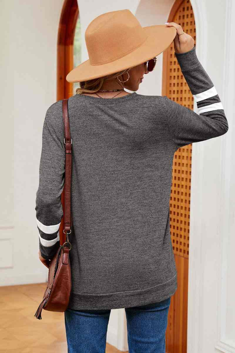 CWOSWL6552_V-NECK LONG SLEEVE STRIPED COLOR MATCHING TOP