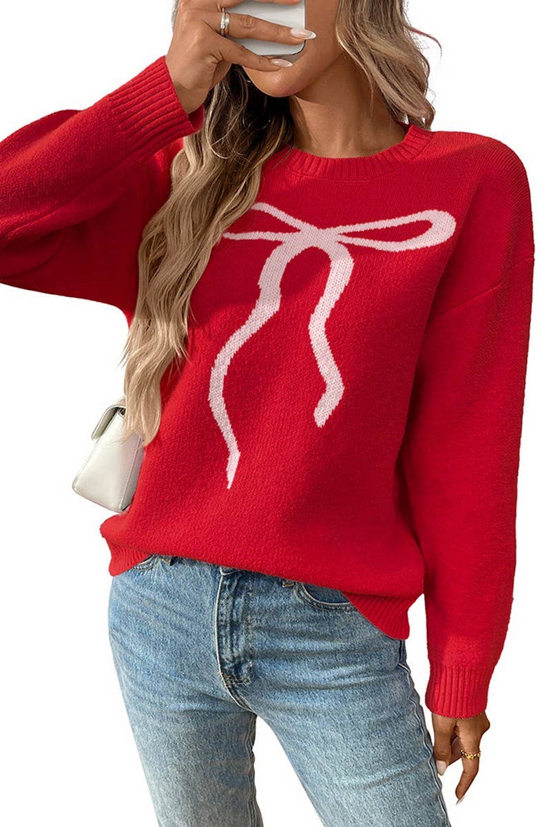 CWOSWL07156_RETRO BOW KNIT JACQUARD SWEATER