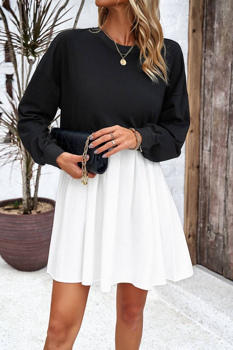 CWDSD2324_Round Neck Long Sleeve Patchwork Short Dress