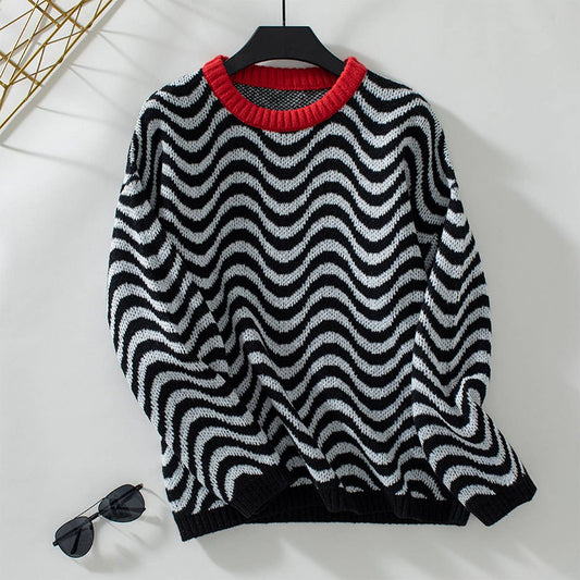 Contrasting knit Chevron wavy striped sweater