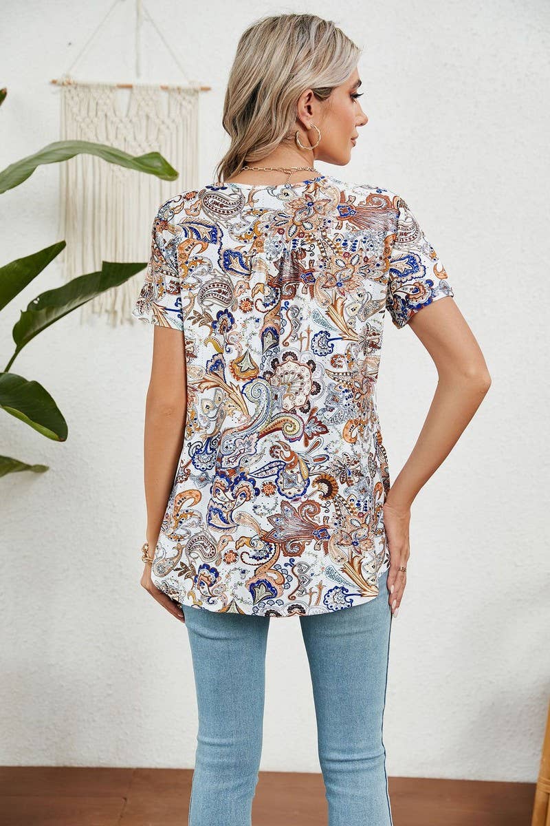 CWTBLS0850_BUTTON PRINT FLORAL SHORT SLEEVE BAGGY TOP