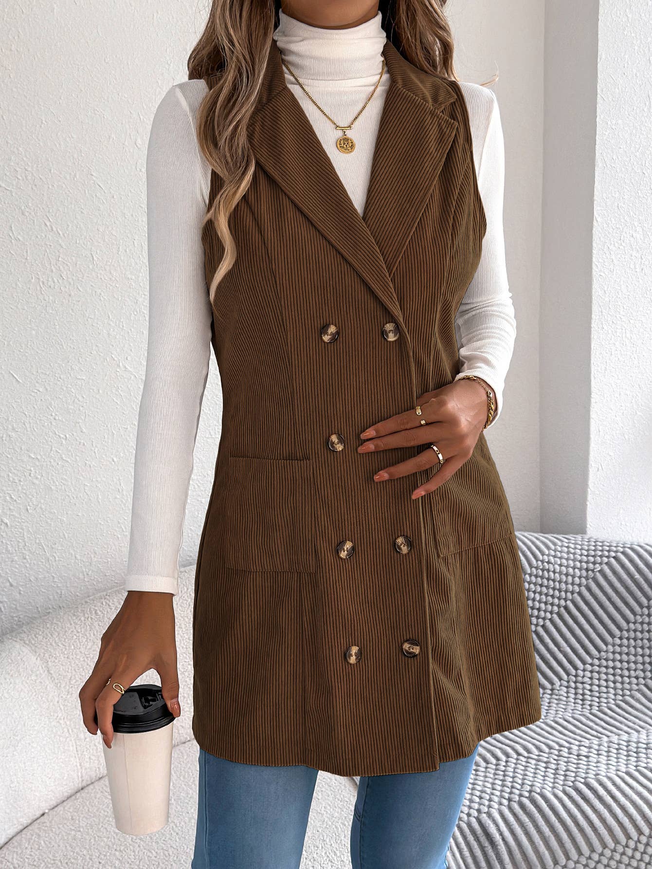 Double-breasted pocket corduroy long vest