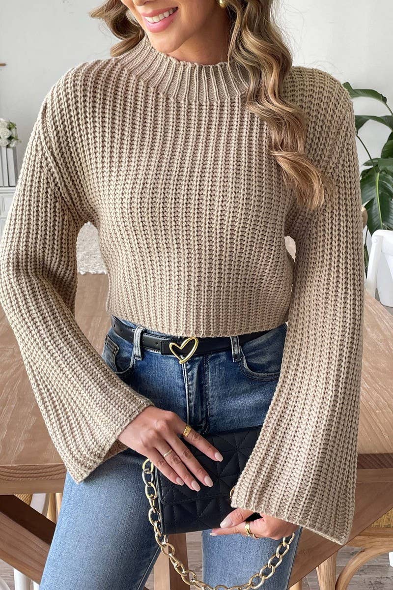 CWOSWL07329_WOMEN CROPPED TURTLENECK BELL SLEEVE SWEATER