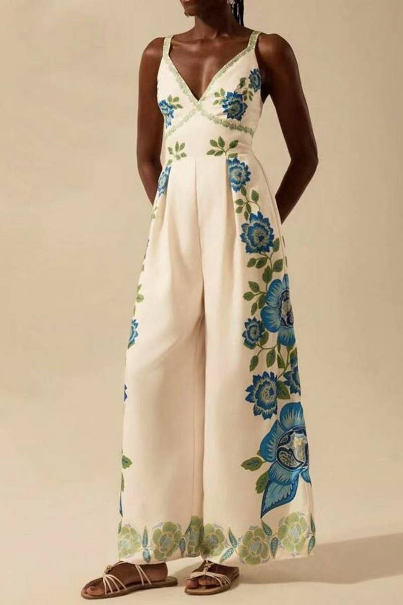 CWSJS1705_V-NECK TRENDY FLORAL CAMI WIDE LEG JUMPSUIT