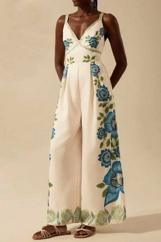 CWSJS1705_V-NECK TRENDY FLORAL CAMI WIDE LEG JUMPSUIT