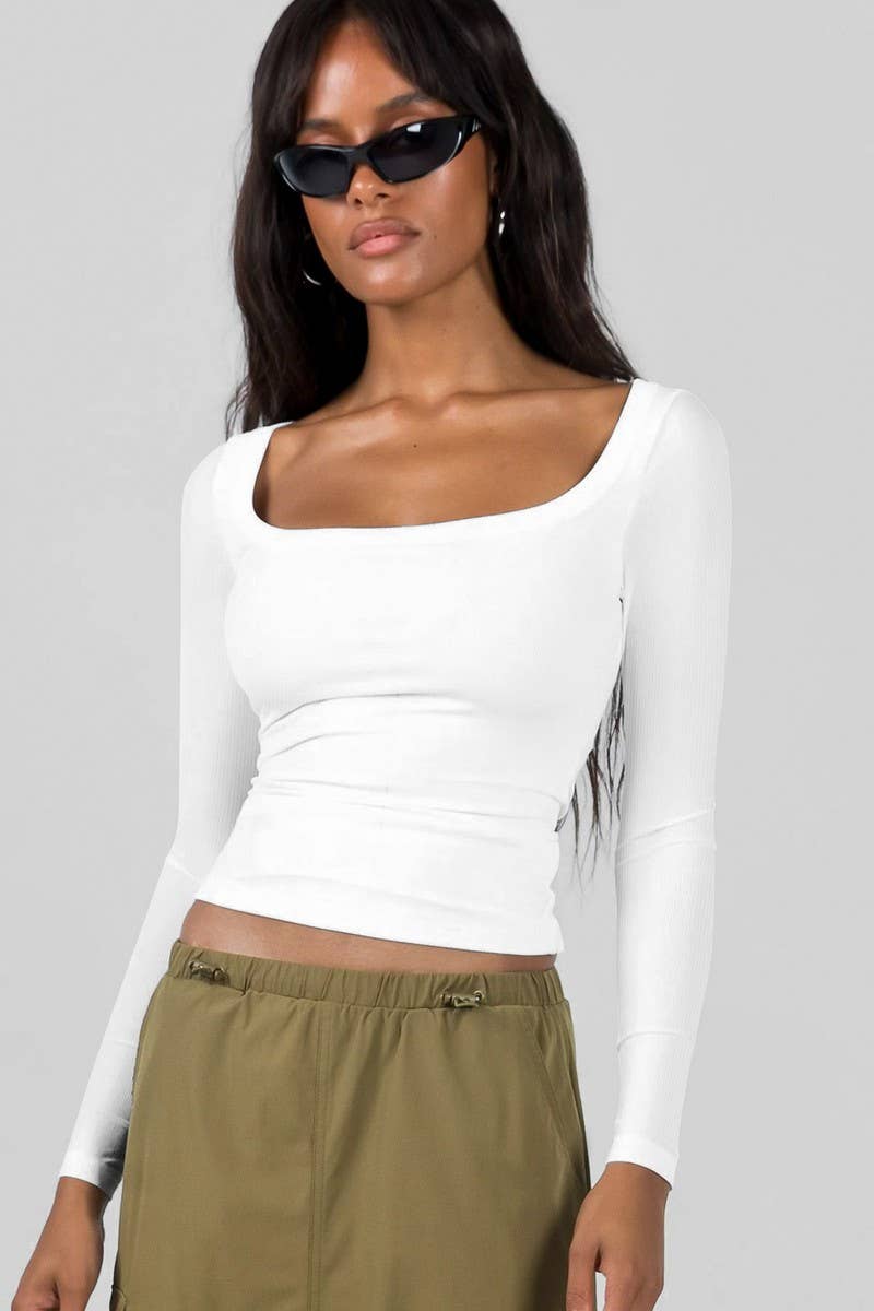 CWTTL2050_U-NECK SEXY KNITTED RIBBED LONG-SLEEVED T-SHIRT
