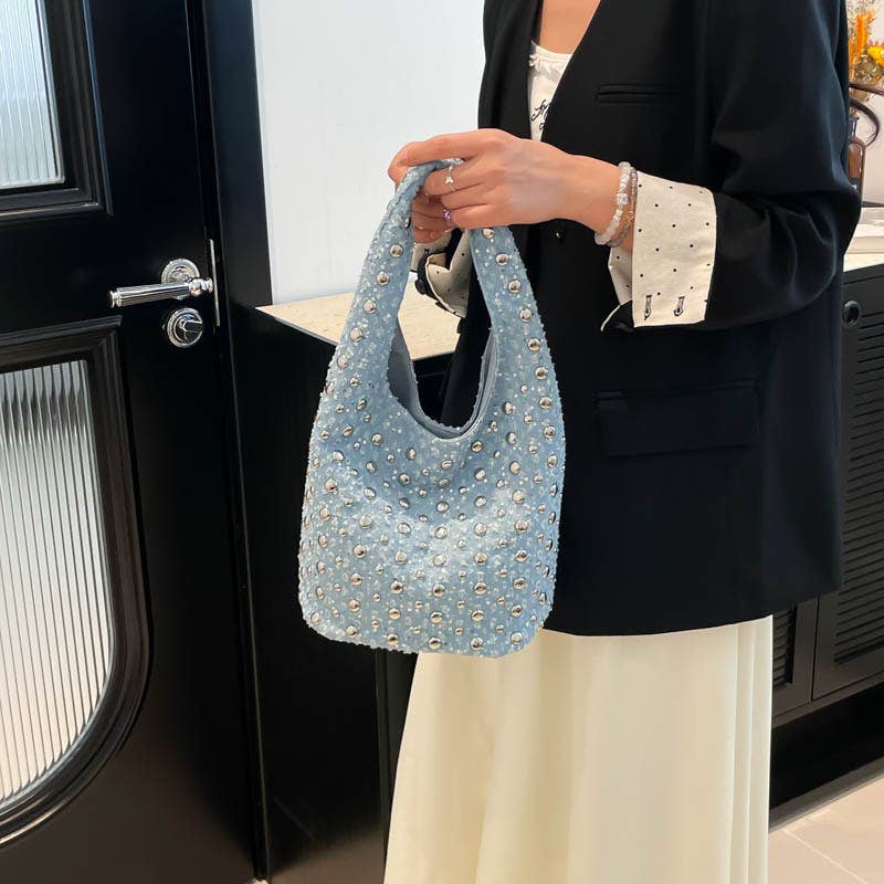 Fashionable riveted denim single-shoulder bag