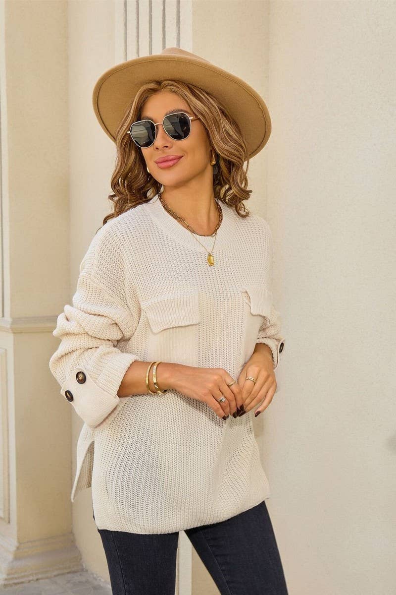 CWOSWL07605_SOLID COLOR LOOSE CREWNECK KNIT SWEATER