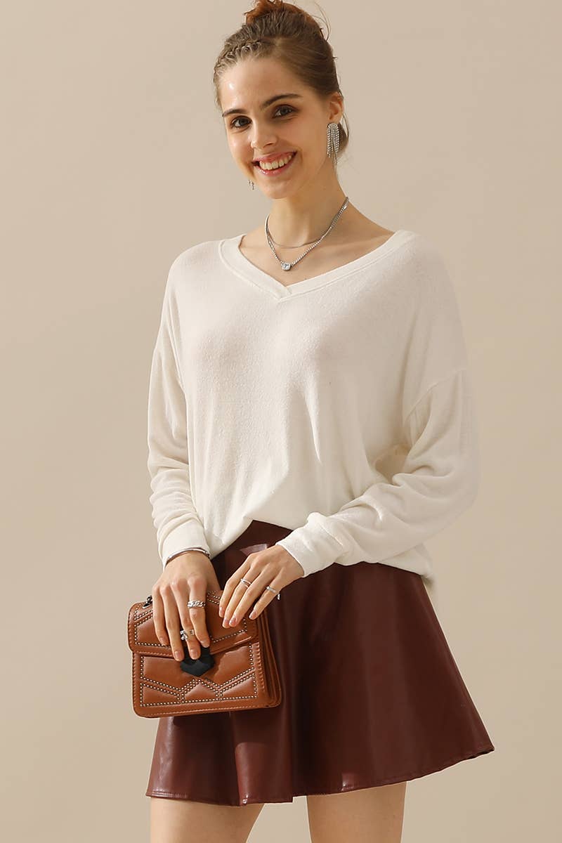 CWTTL1408_Long Sleeve Loose V-Neck Pullover Top