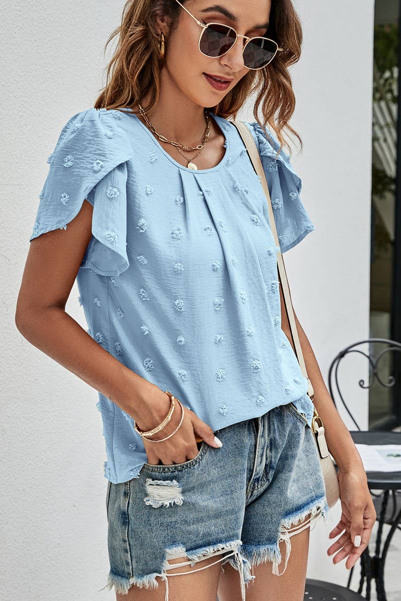 CWTBLS0342_Round neck Short Puff Sleeve Blouse