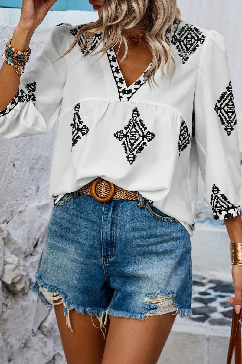 CWTBLS1125_SUMMER PRINTED SEVEN-QUARTER SLEEVE V-NECK TOP