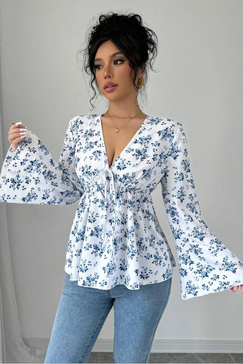CWTBLL01068_V NECK FLORAL PRINT HIGH WAIST BLOUSE