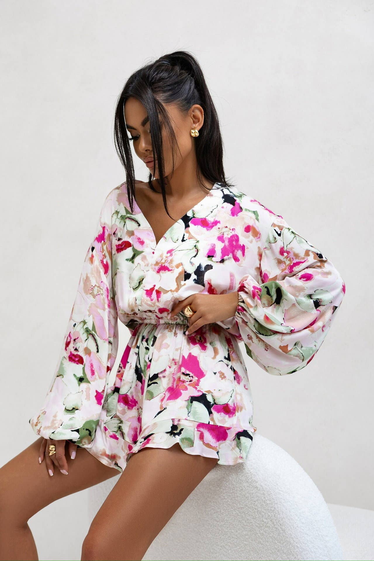 Fashionable printed long-sleeved one-piece shorts