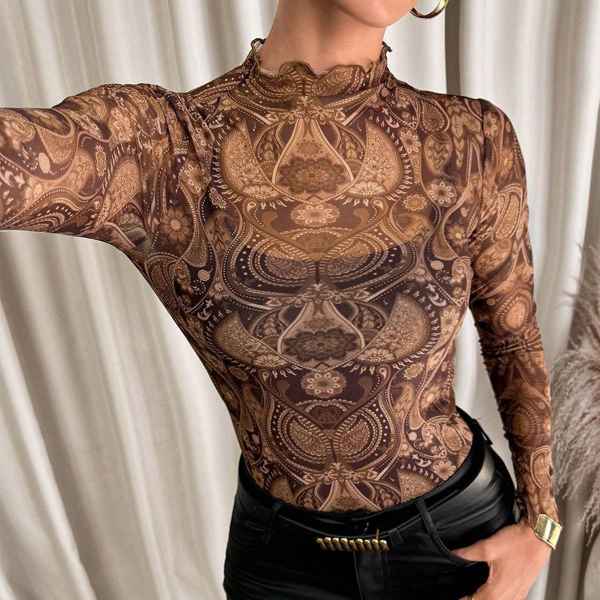 SEXY LEOPARD PRINT MESH FITTED T-SHIRT