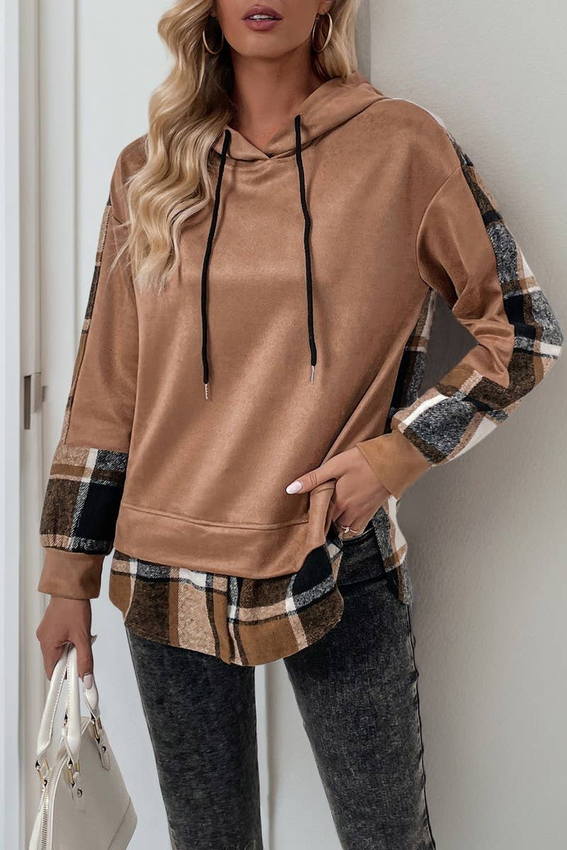 CWOHOL00587_PLAID PATCHWORK BRITISH STYLE HOODED SWEATSHIRT