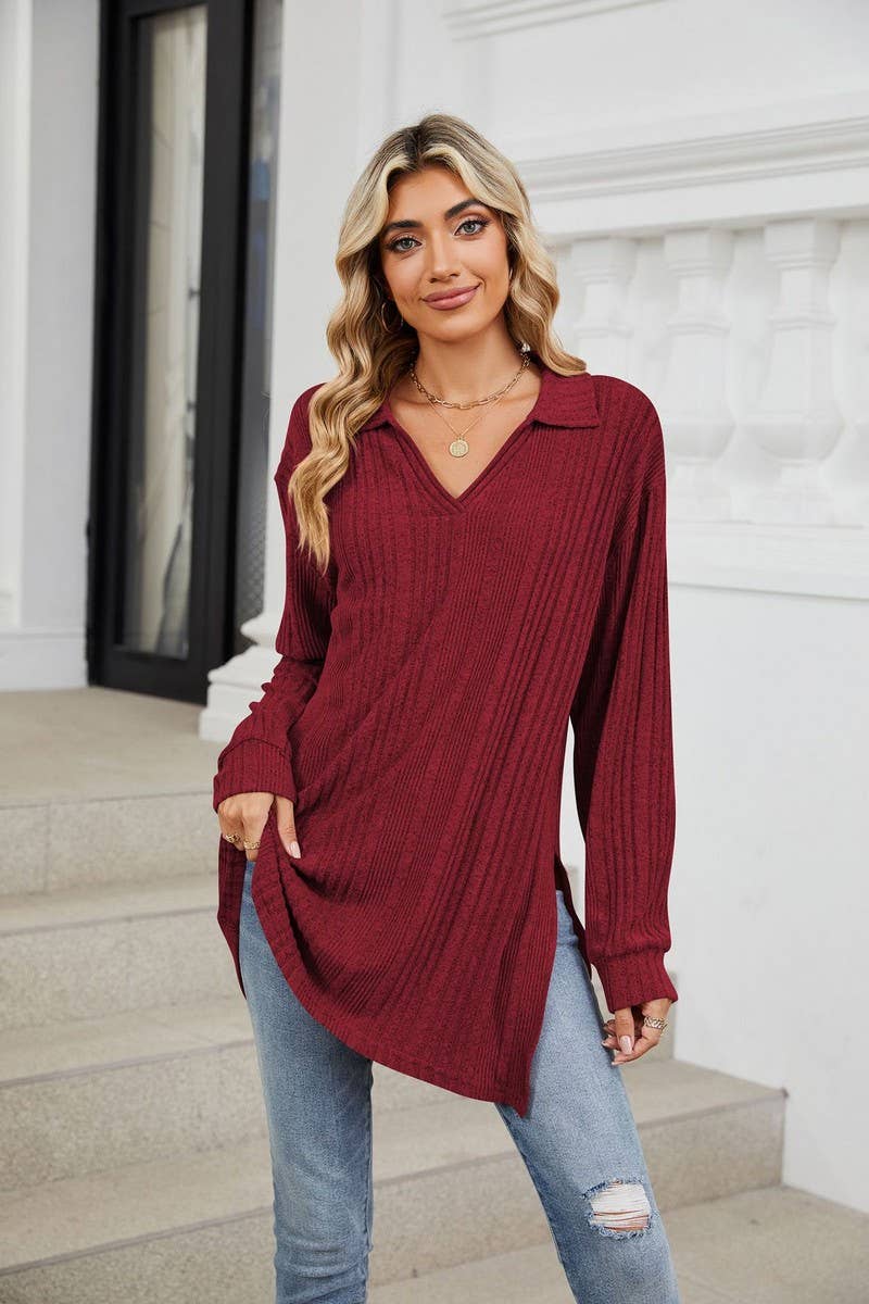 CWTBLL3668_FLIP COLLAR SLIT LONG SLEEVED LOOSE T-SHIRT TOP