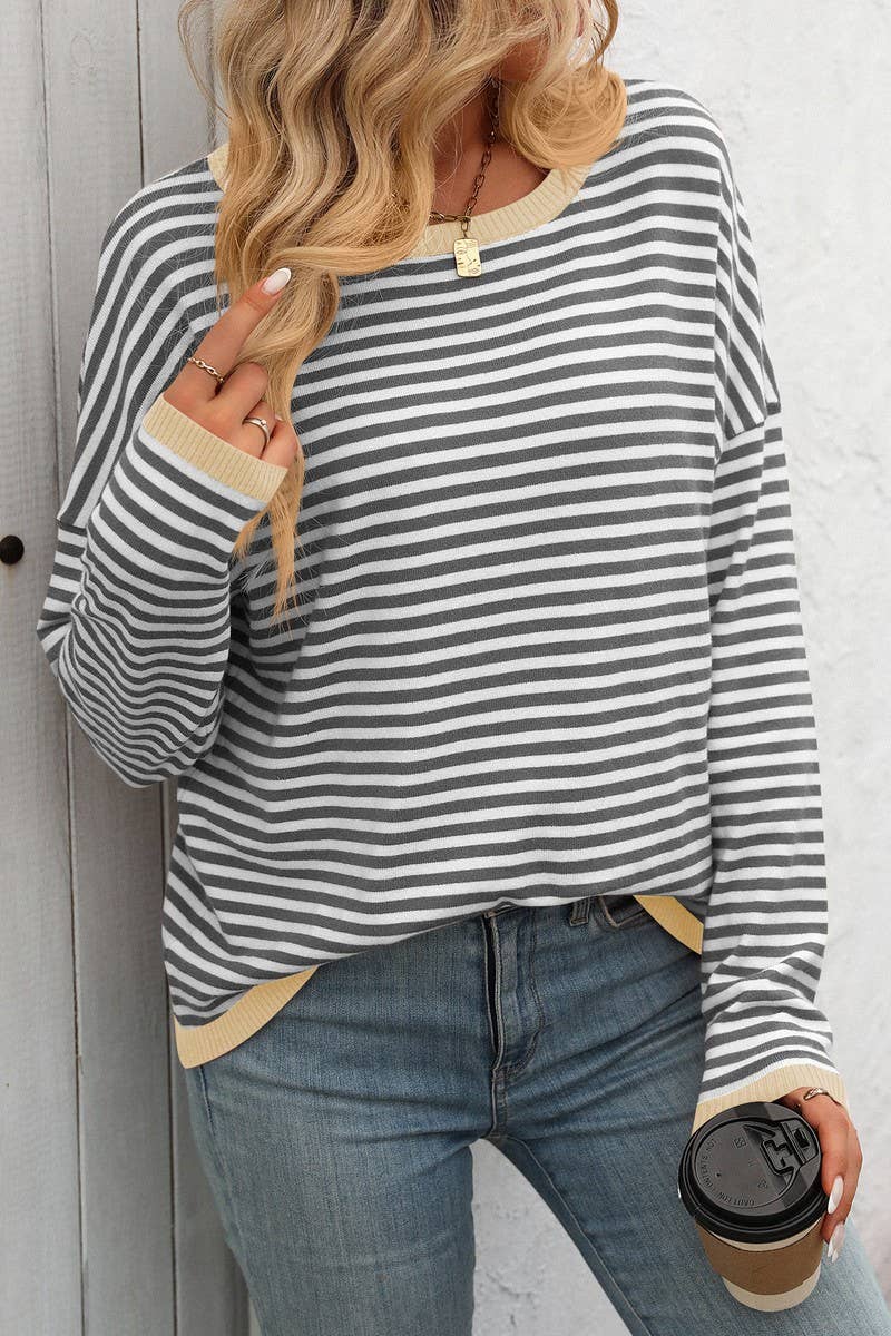 CWOSWL4272_ROUND NECK STRIPED CONTRAST COLOR CASUAL SWEATER