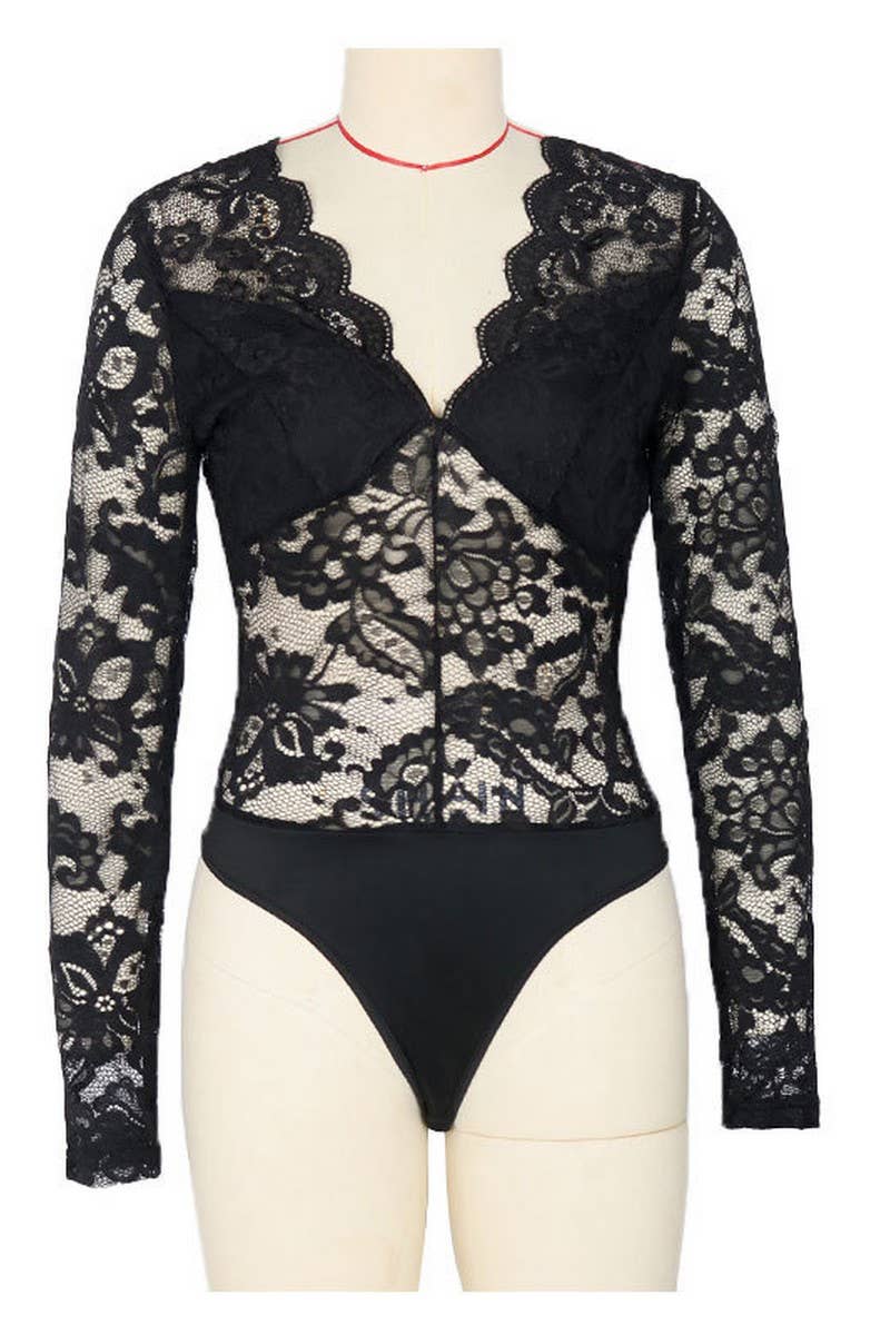 CWSBSL0056_V-NECK LACE PANELED SEXY LONG SLEEVE BODYSUIT