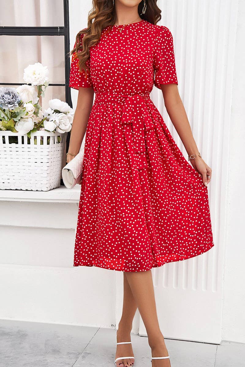 CWDSD7139_TEMPERAMENT CASUAL POLKA DOT LACE-UP PRINT DRESS