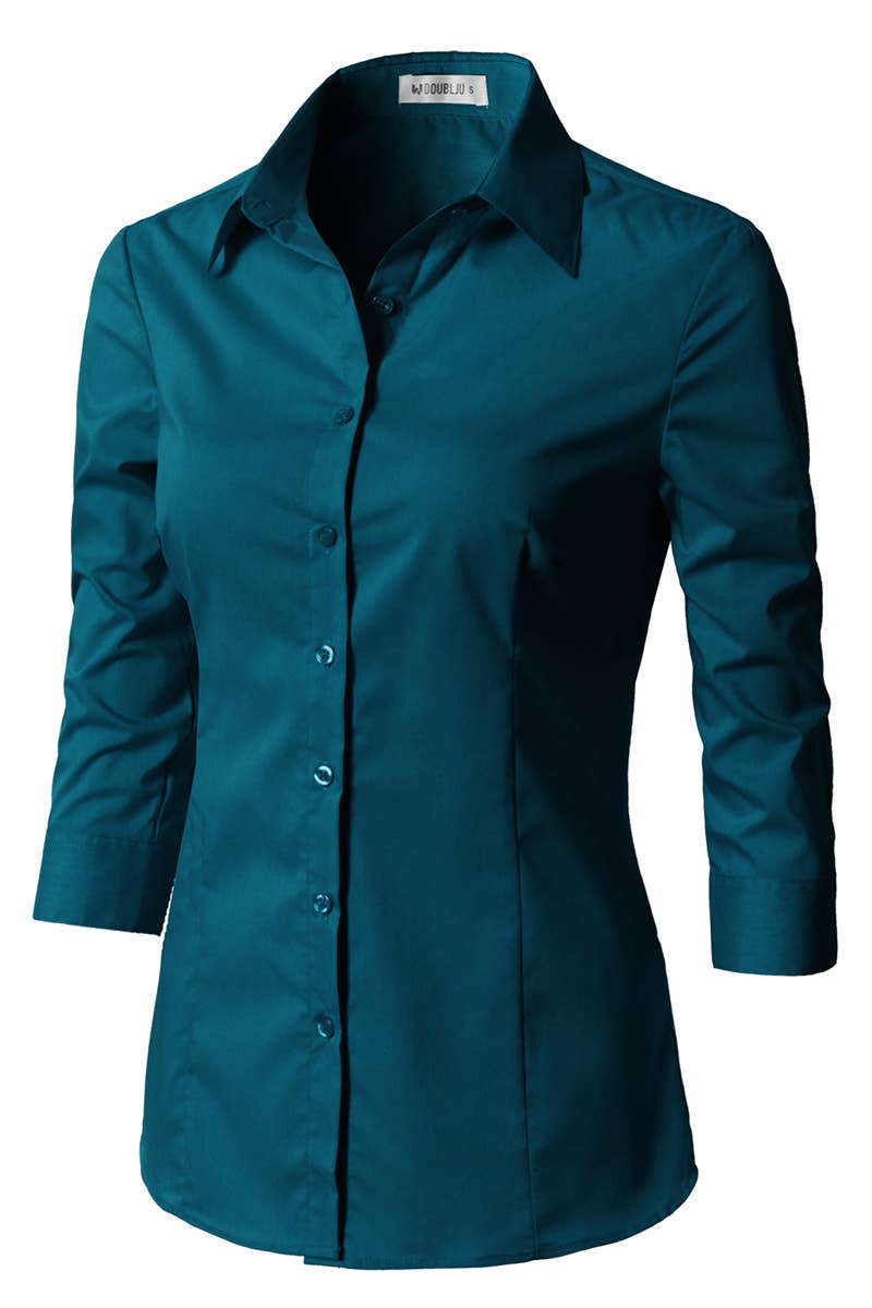 CWTSTS116_Basic Slim Fit Simple 3/4 Sleeve Button Down Shirt