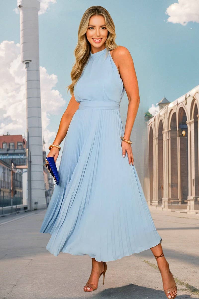 CWDMD6199_SLEEVELESS PLEATED HIGH NECK PARTY DRESS