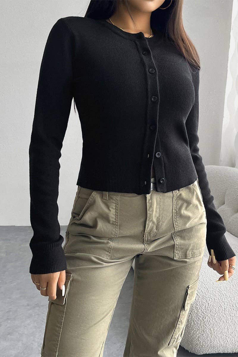 CWOCAL0901_SOLID COLOR LONG SLEEVE CARDIGAN KNITTED SWEATER