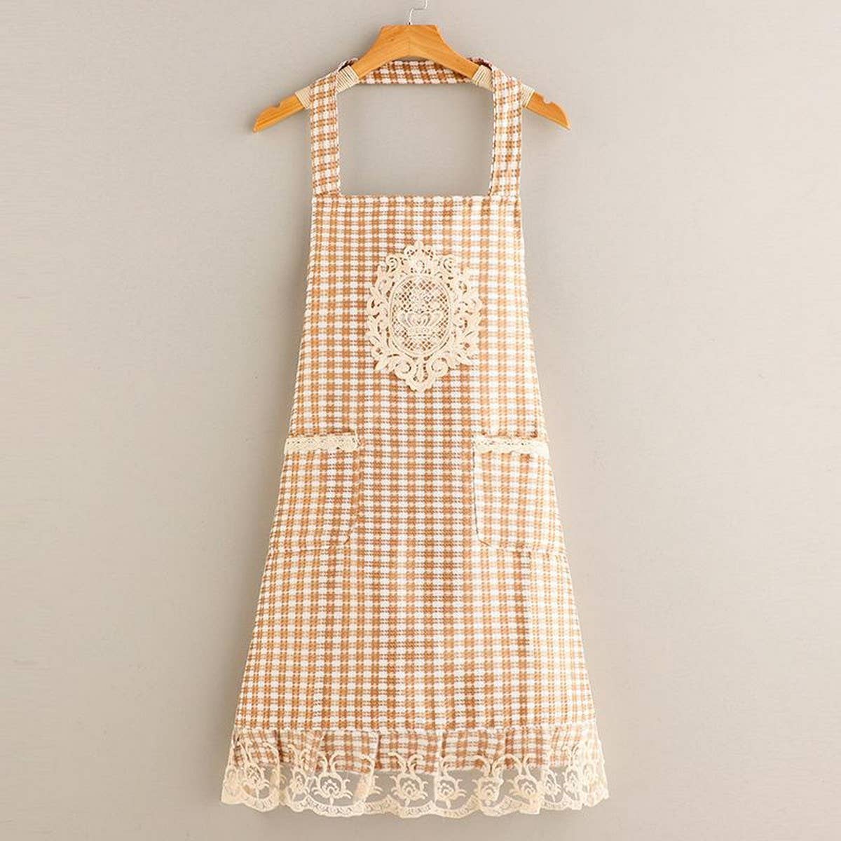Plaid Lace Princess apron with pockets bulk_CWMM2042