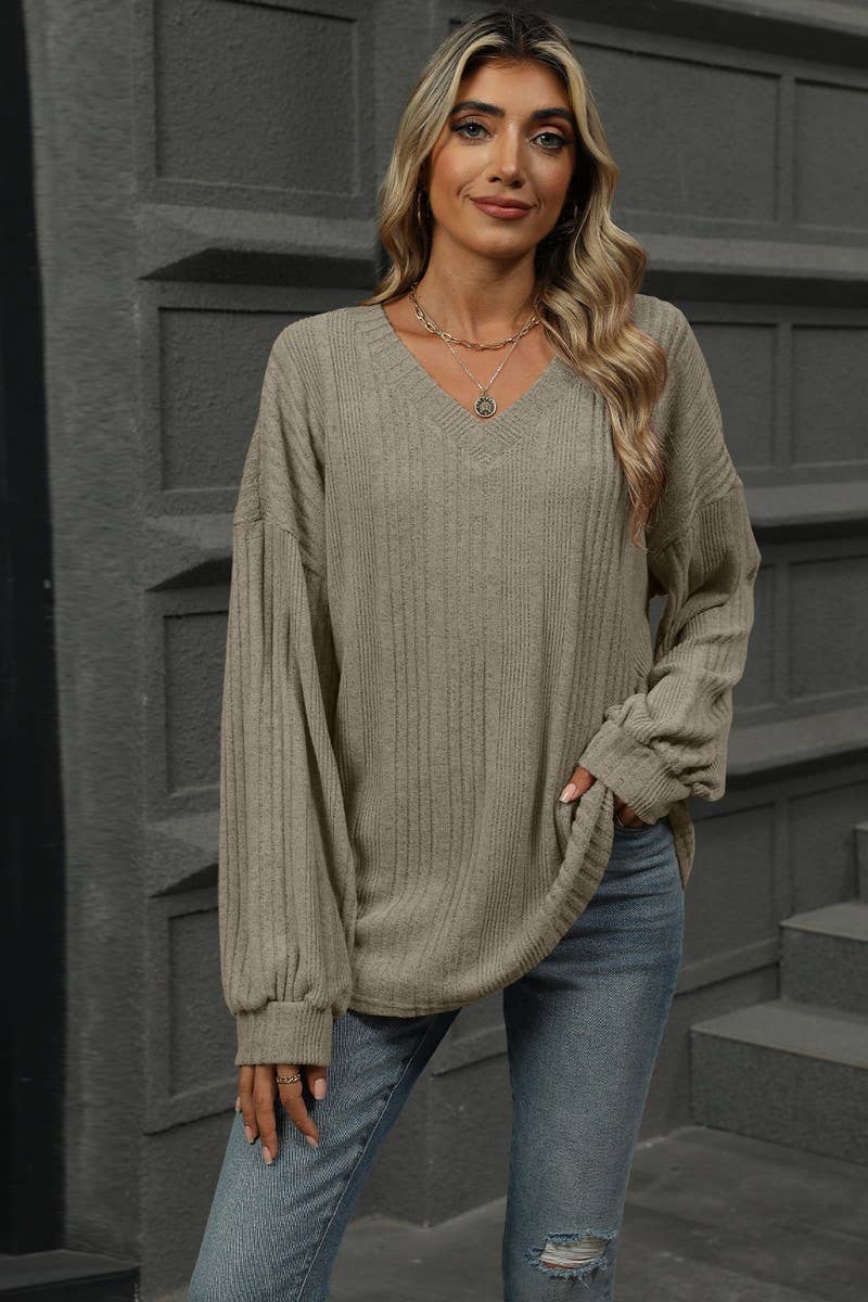 CWOSWL6852_SOLID COLOR V-NECK LOOSE CASUAL LONG-SLEEVED T-SH