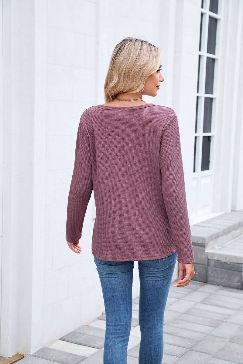 CWTBLL01294_V-NECK WAFFLE LONG-SLEEVED LOOSE T-SHIRT TOP