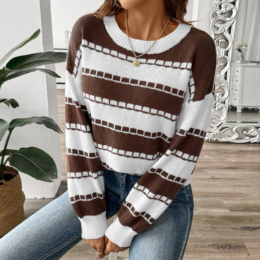 COLOR MATCHING STRIPED CASUAL PULLOVER SWEATER