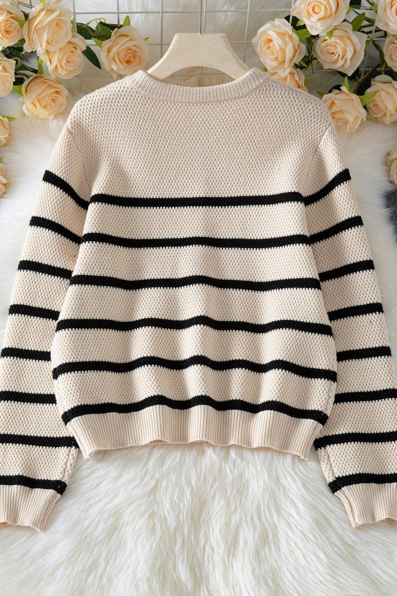 CWOSWL6961_STRIPED PULLOVER BUTTON-DOWN KNITTED SWEATER