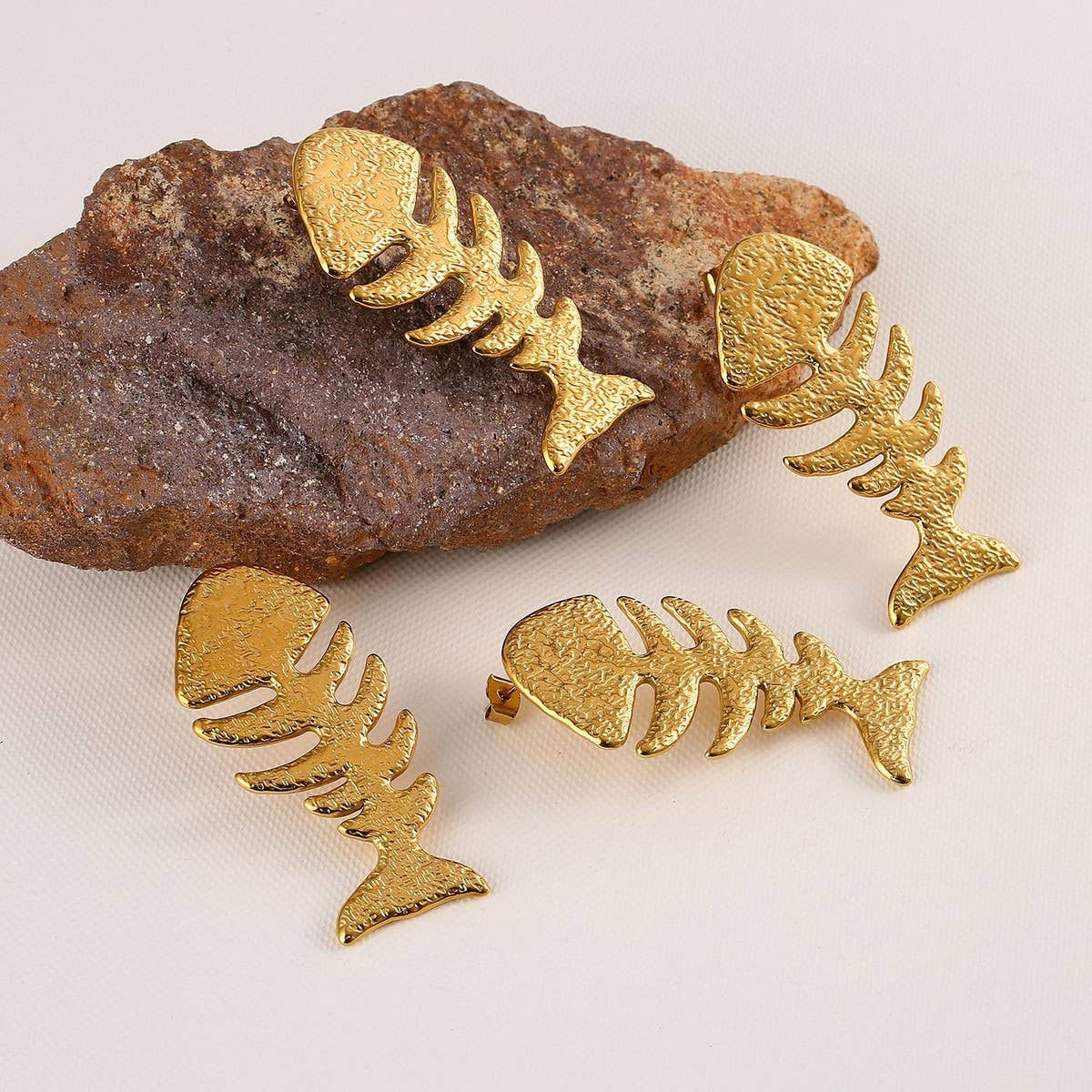 18K Stainless Steel Fishbone Earrings, Ocean Style_CWMM8892