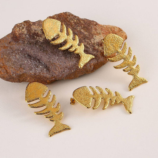 18K Stainless Steel Fishbone Earrings, Ocean Style_CWMM8892