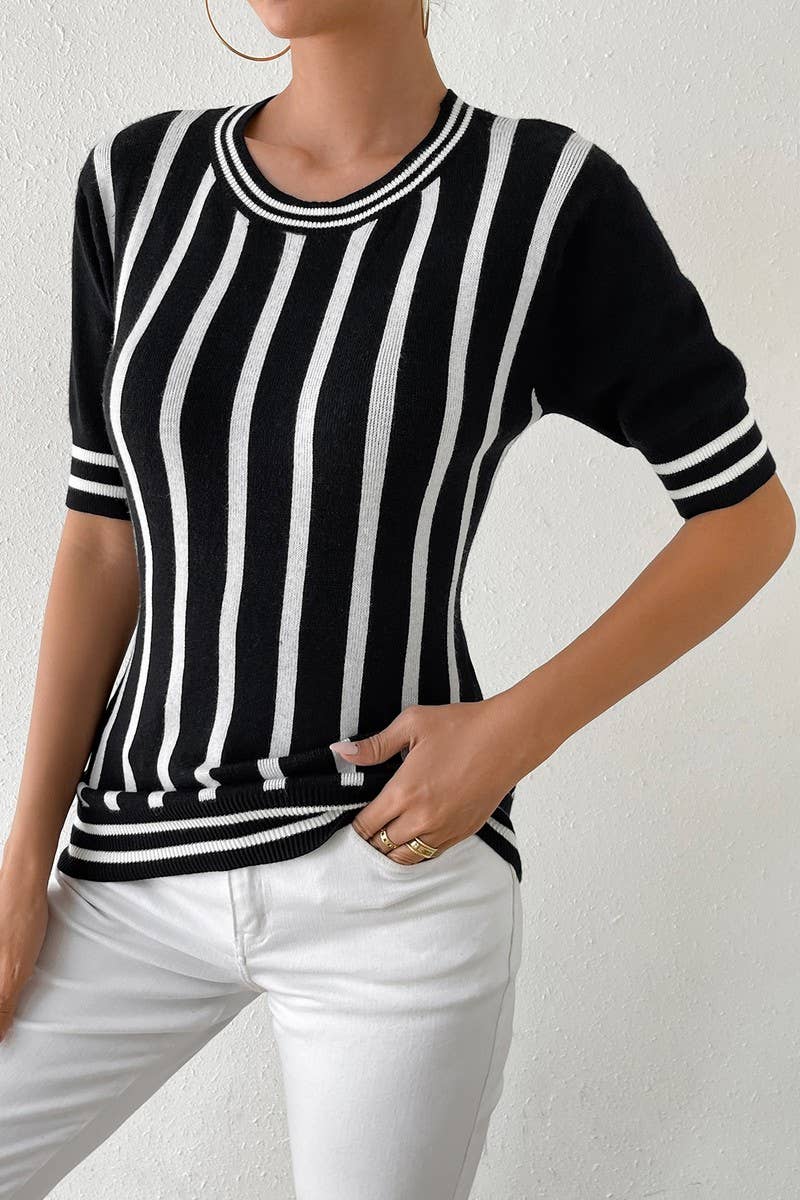 CWOSWS0040_Round Neck Short Sleeve Striped Knit Sweater