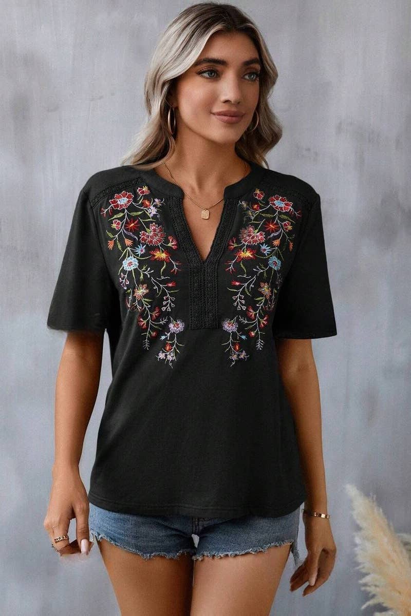CWTBLS1118_EMBROIDERY PATCHWORK LACE LACE SHORT SLEEVE TOP