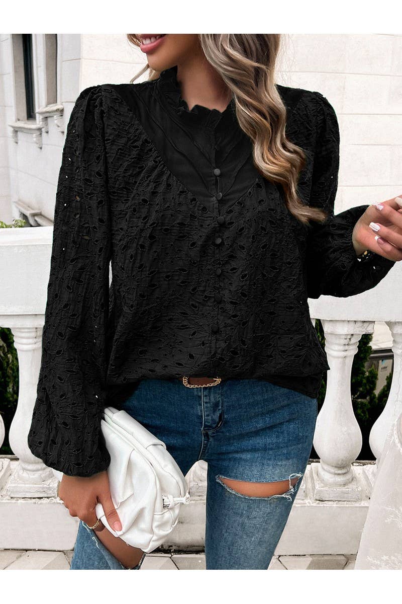 CWTBLL1140_Fashion Woven Hollow Puffy Sleeve Blouse