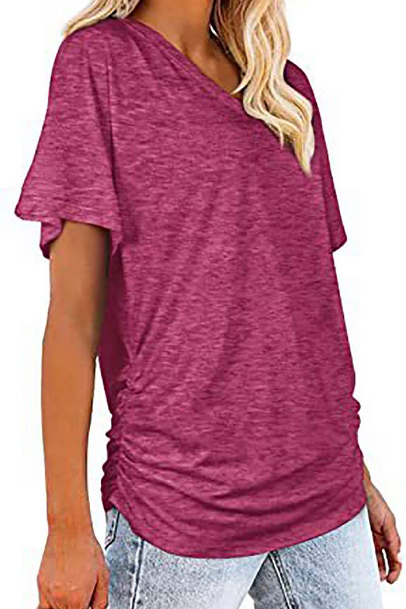 CWTTS1178_V-NECK SOLID COLOR CASUAL LOOSE TOP